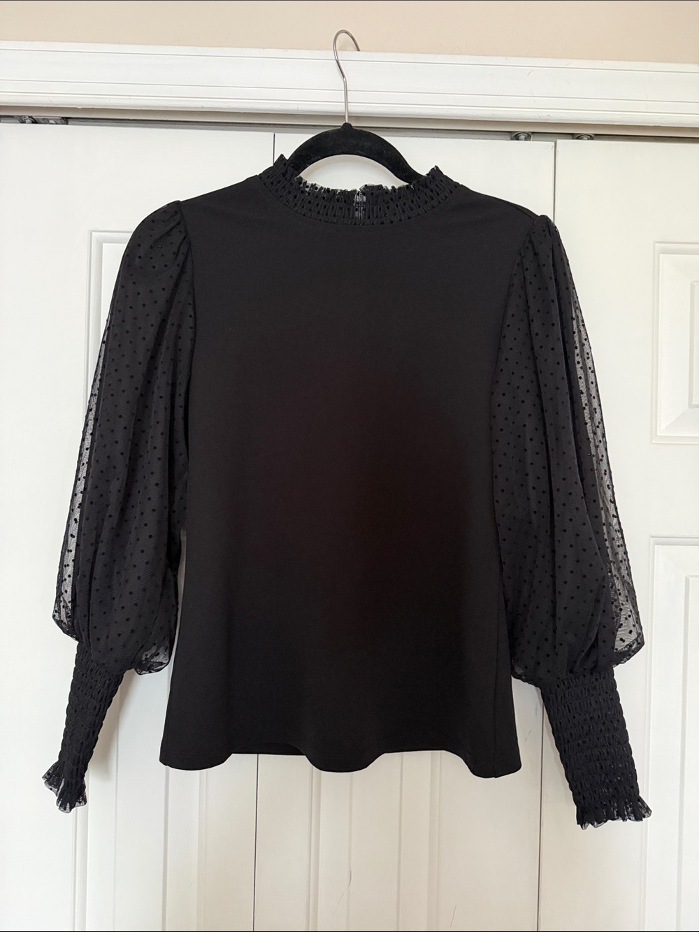 Sheer Polka-Dot Puff Sleeve Blouse in Black